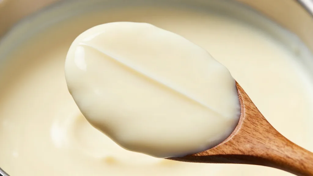 Dikke romige ragoutsaus op een houten lepel, met een getrokken lijn die blijft staan