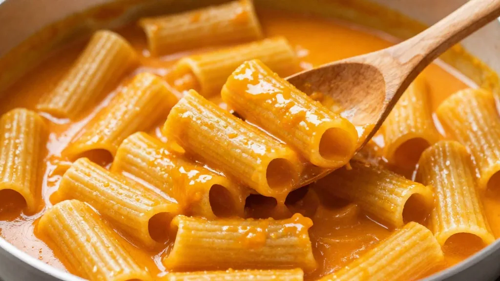 Close-up van rigatoni met romige pompoensaus die in de groeven en buisjes blijft hangen