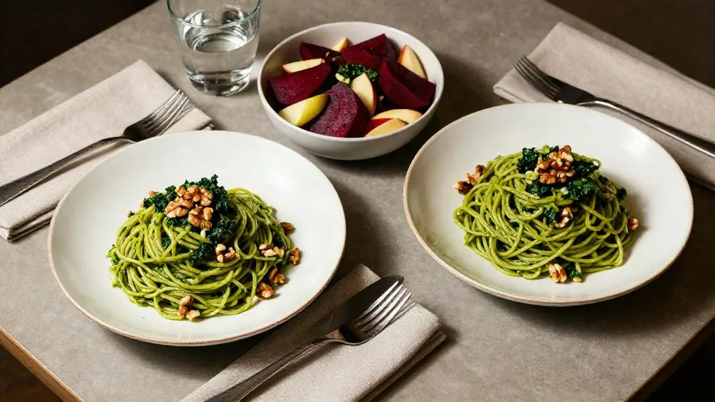 Twee borden spaghetti met boerenkoolpesto en walnoten op een gedekte tafel, met een schaal bietensalade met appel ertussen