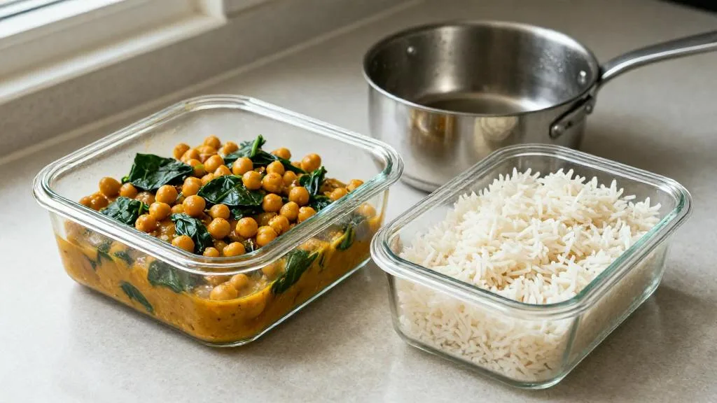 Afgesloten glazen bakje met dikke kikkererwtencurry met spinazie naast een apart bakje gekookte basmatirijst op een aanrecht, met een steelpannetje op de achtergrond