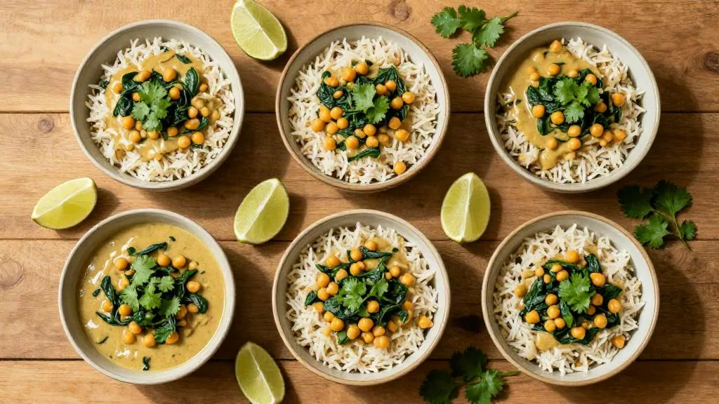 Vier kommen basmatirijst met romige kikkererwtencurry en spinazie op een gedekte tafel, met partjes limoen en verse koriander