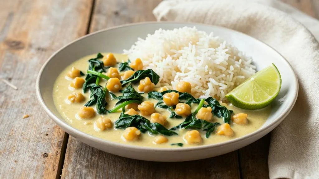 Kom romige kikkererwtencurry met kokosmelk en geslonken spinazie naast luchtige basmatirijst, met een partje limoen op een houten tafel