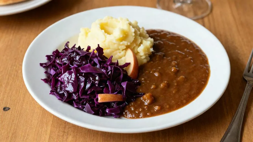 Bord met glanzende gestoofde rode kool met appel naast aardappelpuree en een bruin stoofgerecht op een herfstig gedekte tafel