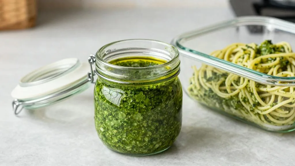 Een glazen pot heldergroene boerenkoolpesto met een laagje olijfolie erop, naast een glazen bak met overgebleven spaghetti met pesto