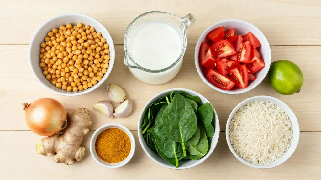 Ingrediënten voor kikkererwtencurry op een lichte houten tafel: kikkererwten, kokosmelk, tomaat, verse spinazie, ui, knoflook, gember, kerriepoeder, limoen en basmatirijst