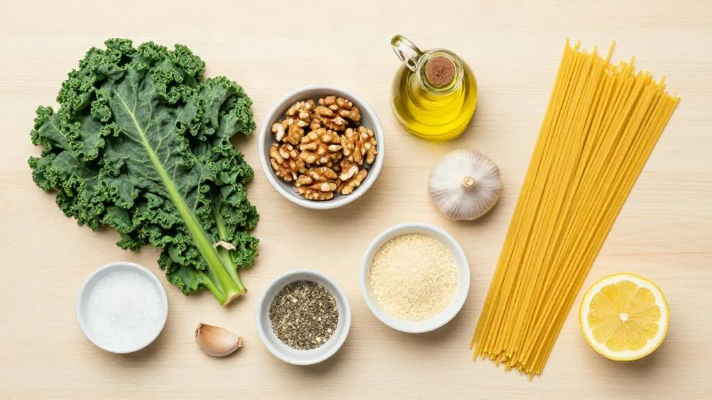 Ingrediënten voor boerenkoolpesto pasta op licht hout: krulboerenkool, walnoten, olijfolie, knoflook, citroen, edelgistvlokken, spaghetti, zout en peper