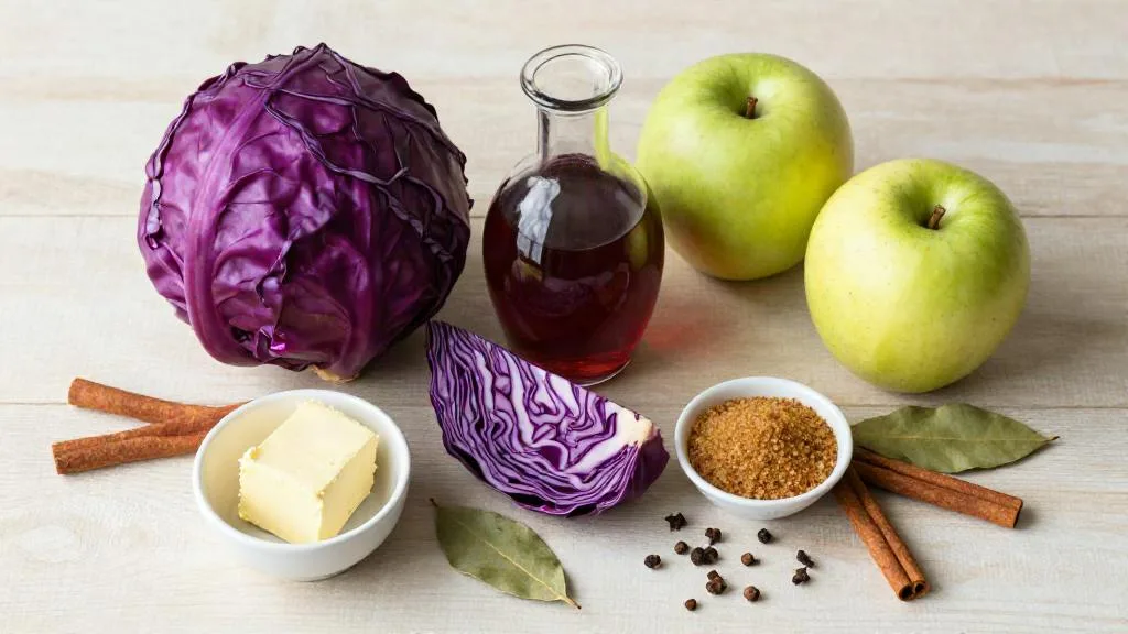 Ingrediënten voor rode kool met appel op een lichte houten tafel: een hele rode kool, appels, rodewijnazijn, bruine suiker, vegan boter, kaneelstokjes, kruidnagels en laurierbladeren