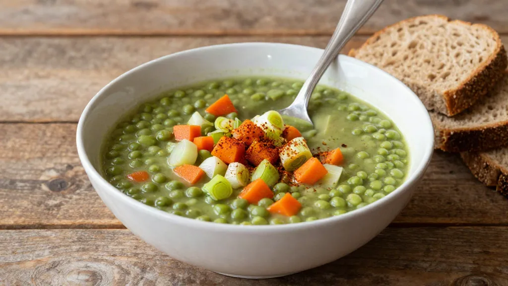 Kom vegan erwtensoep met wortel, prei en gerookt paprikapoeder, met roggebrood ernaast