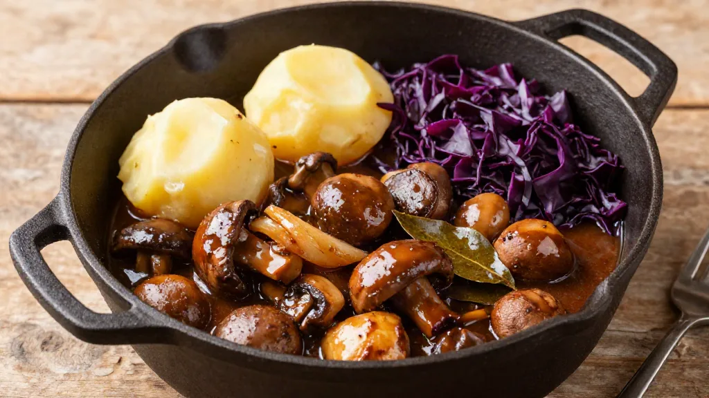 Vegan hachee met kastanjechampignons, uien en laurier in een gietijzeren pan, met aardappels en rode kool