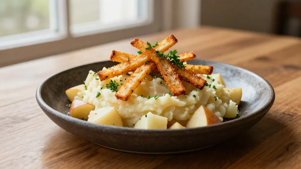 Vegan hete bliksem: aardappelpuree met stukjes appel en krokante reepjes gerookte tempeh