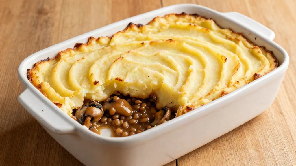Vegan jachtschotel in een ovenschaal met goudbruine puree en een vulling van champignons en linzen