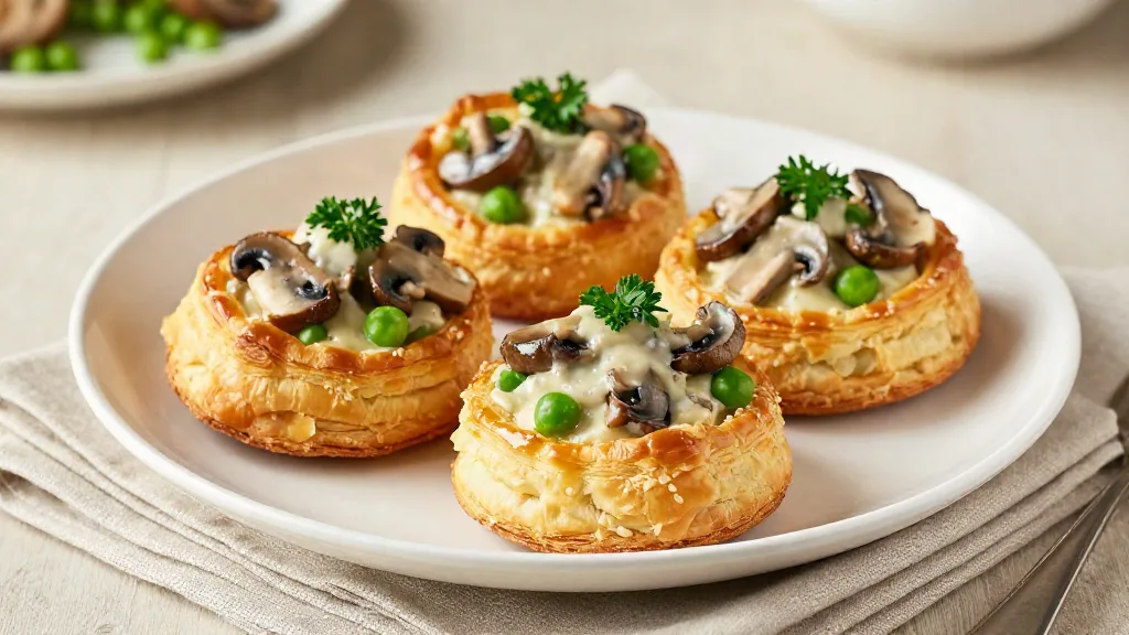 Vier vegan pasteitjes met champignonragout, doperwten en peterselie op een wit bord