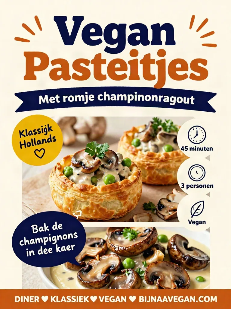 Pinterest-afbeelding van vegan pasteitjes met romige champignonragout en doperwten, van bijnavegan.com