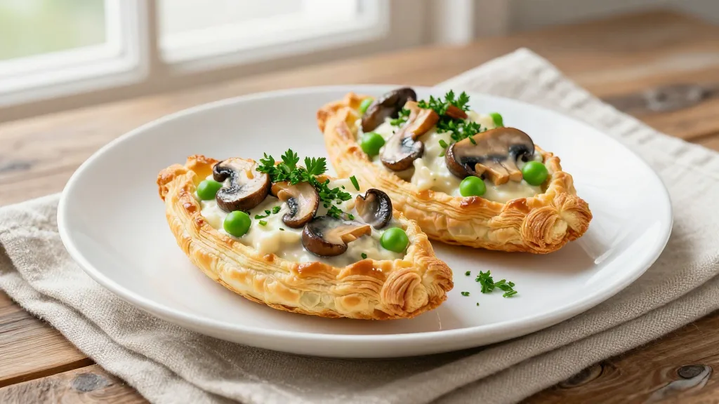 Vegan pasteitjes met romige champignonragout, doperwten en peterselie op een wit bord