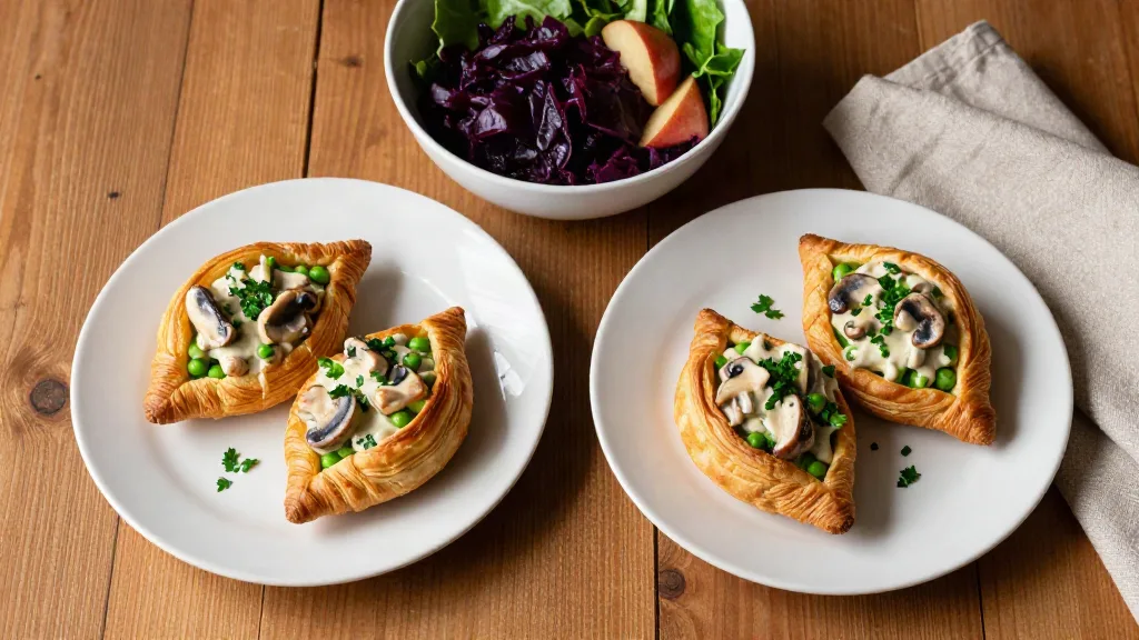 Vegan pasteitjes met champignonragout op twee borden, met rode kool met appel en salade
