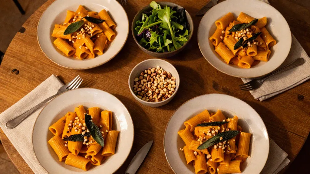 Vier borden vegan pompoenpasta met salie en hazelnoten op een gedekte tafel