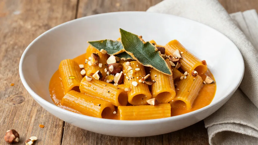 Vegan pompoenpasta: rigatoni in romige pompoensaus met krokante salie en gehakte hazelnoten