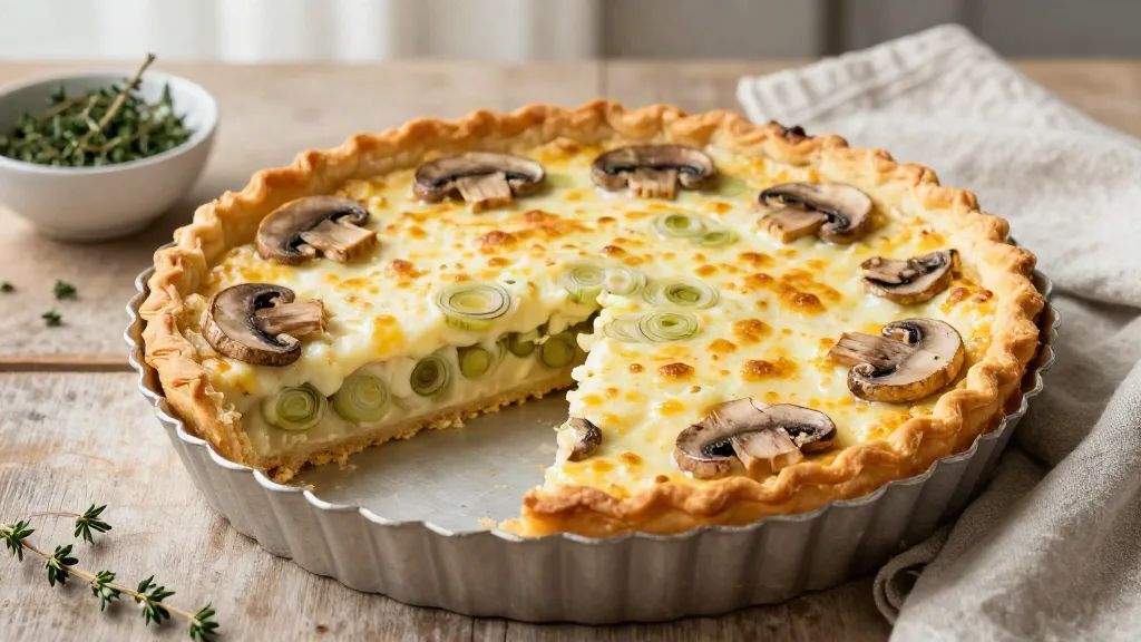 Vegan hartige preitaart met champignons in een ronde taartvorm met goudbruine bladerdeegrand, met een uitgesneden punt waarin de romige vulling met prei zichtbaar is