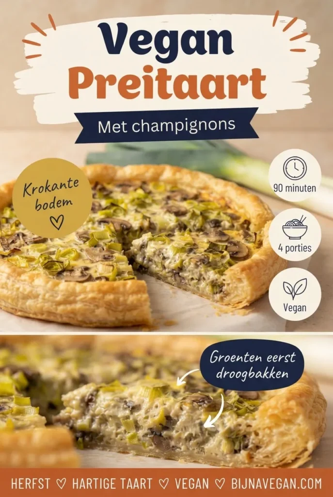 Vegan preitaart met champignons en een goudbruine bladerdeegrand, met badges voor 90 minuten, 4 porties en vegan.