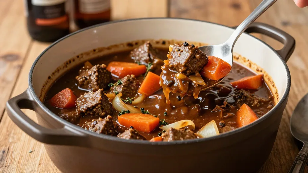 Vegan stoofpot met stukken seitan, wortel en ui in een donkere biersaus in een stoofpan