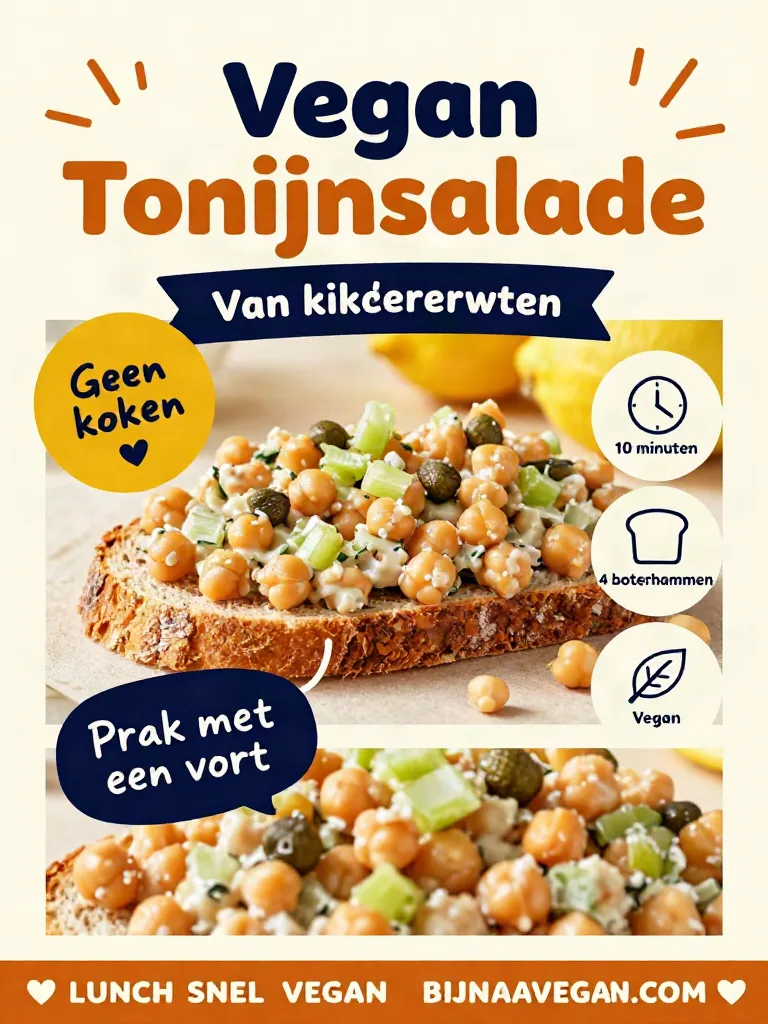 Pinterest-afbeelding van vegan tonijnsalade van kikkererwten op volkorenbrood, van bijnavegan.com