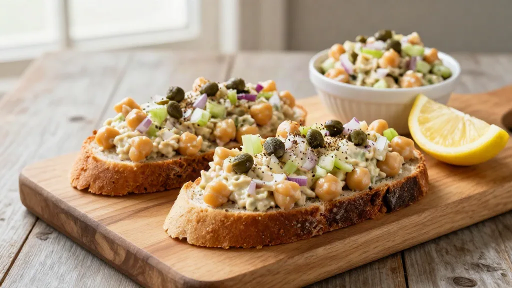 Vegan tonijnsalade van kikkererwten met kappertjes, rode ui en bleekselderij op twee sneetjes volkorenbrood
