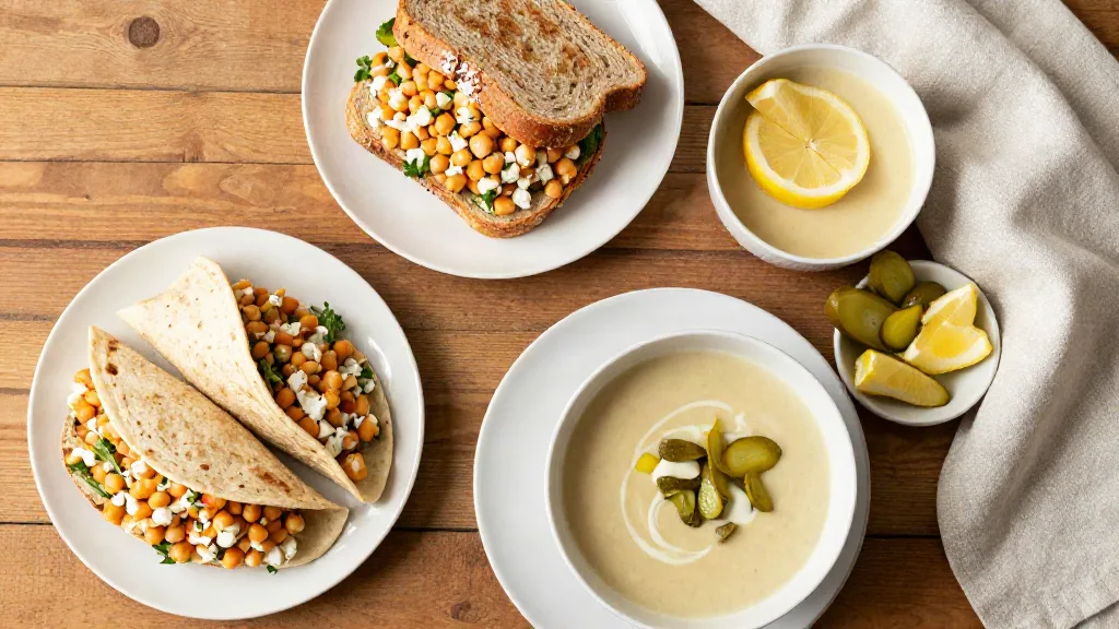 Lunch met broodjes en wraps met vegan tonijnsalade van kikkererwten en een kom pastinaaksoep