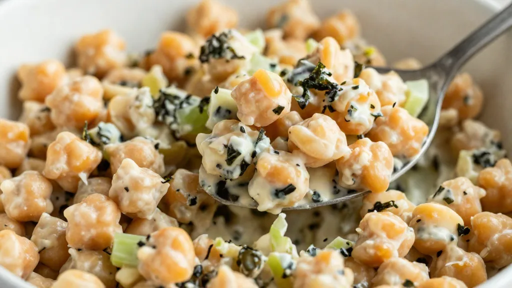 Close-up van romige kikkererwtensalade met stukjes kikkererwt, bleekselderij en fijne snippers nori