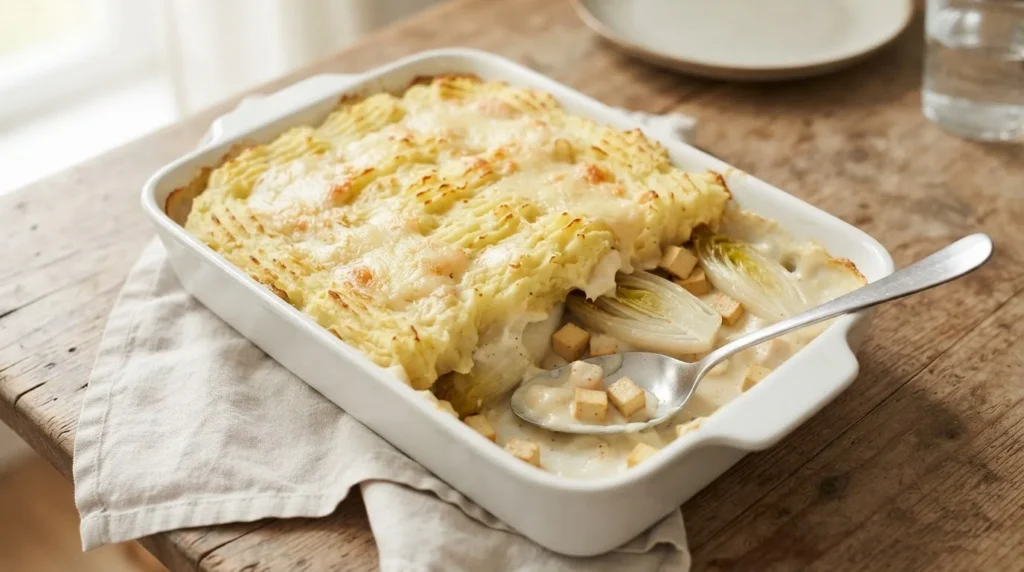 Vegan witlofovenschotel met aardappelpuree en goudbruine ribbels, met een uitgeschepte portie waarin zachte witlof, romige kaassaus en blokjes gerookte tofu te zien zijn