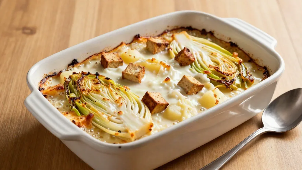 Gegratineerde ovenschotel met halve kroppen, blokjes gerookte tofu en een romige saus