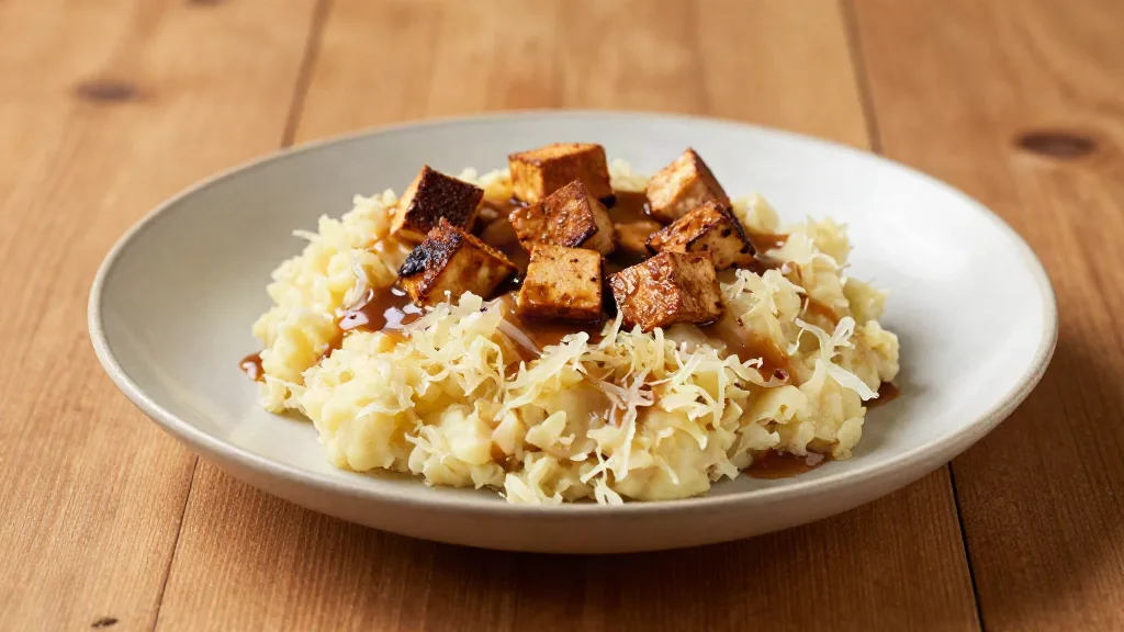 Vegan zuurkoolstamppot met blokjes gerookte tofu en jus op een bord